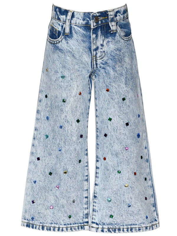 Acid Wash Denim Pants w/ Rhinestones