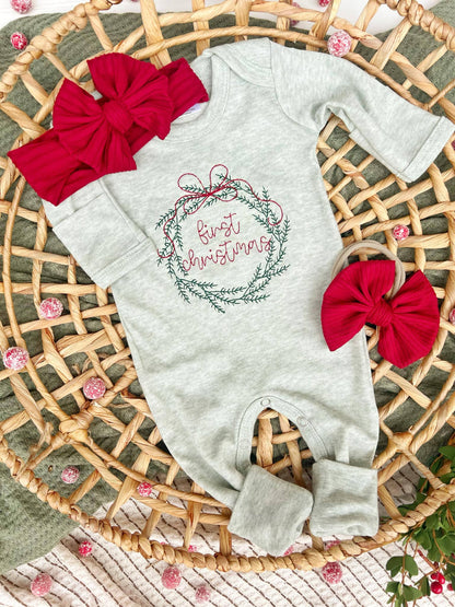 First Christmas Wreath Romper with 1 BOW
