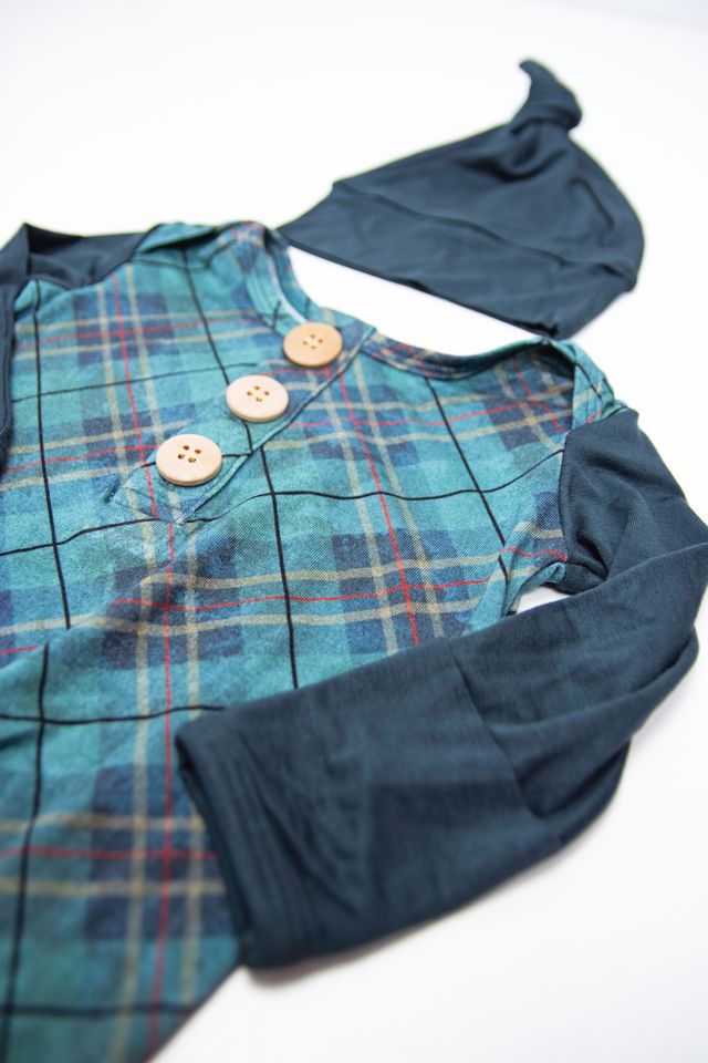 Preston Plaid Teal Knot Gown & Hat