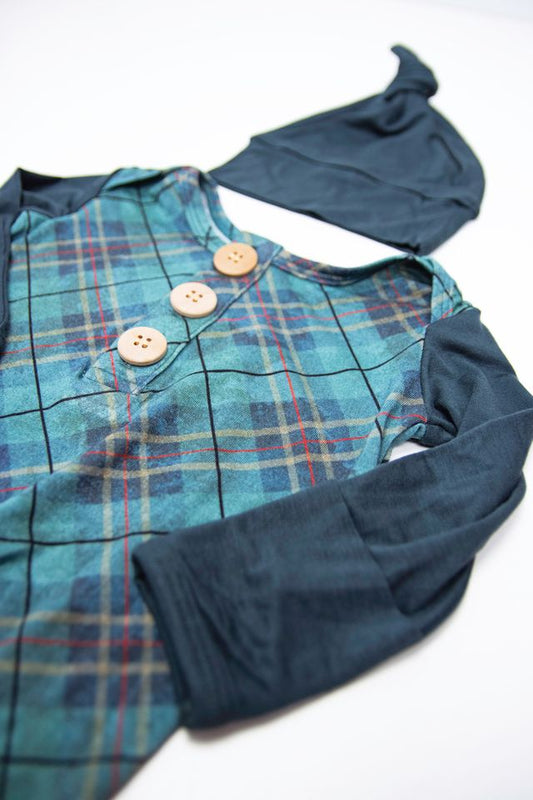 Preston Plaid Teal Knot Gown & Hat