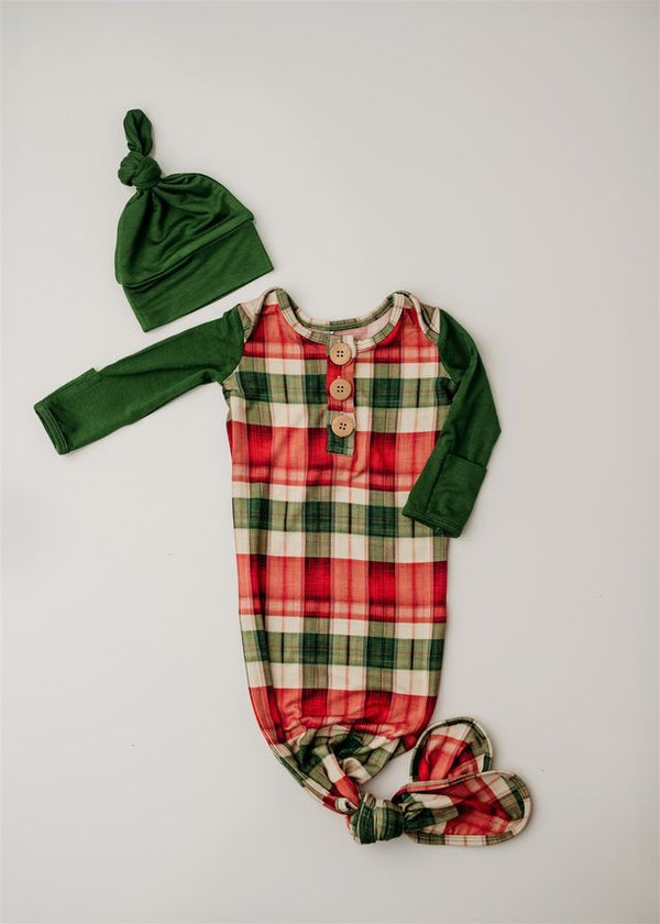 Cozy Holiday Plaid Knot Gown & Hat NB