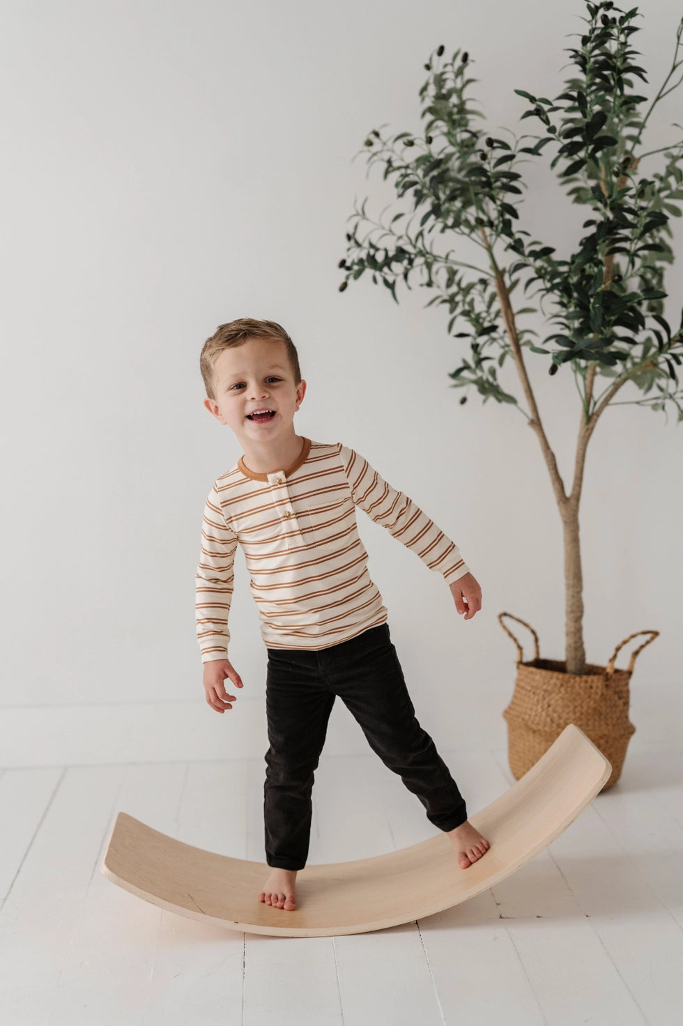 Boy's Long Sleeve Henley Shirt - Toffee Stripe