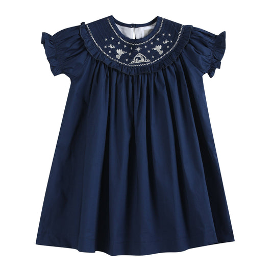 Blue Nativity Smocked Ruffle Bishop Dress