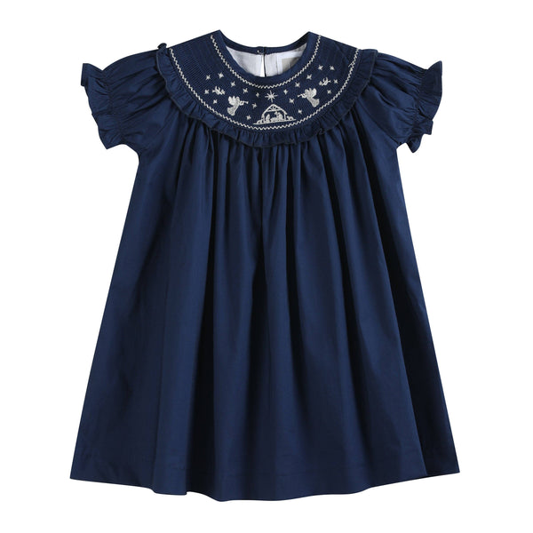 Blue Nativity Smocked Ruffle Bishop Dress