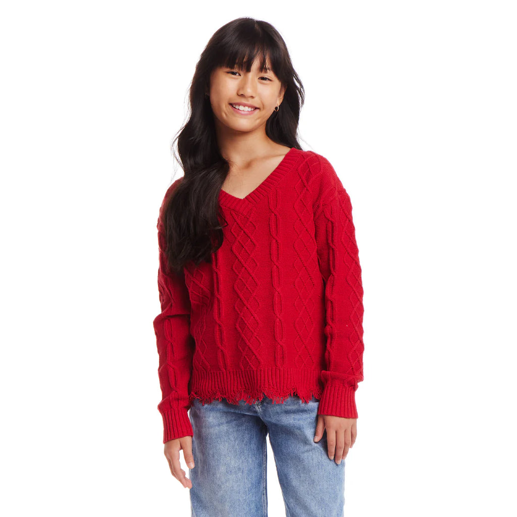 Kids (7-16) Cable Knit V-Neck Sweater | Red