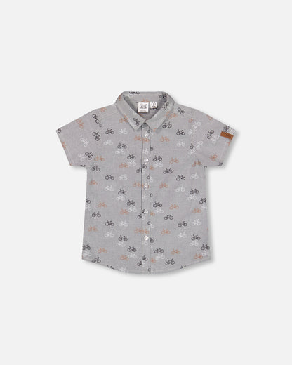 Short Sleeve Chambray Shirt Dark Grey Printed Bicycle