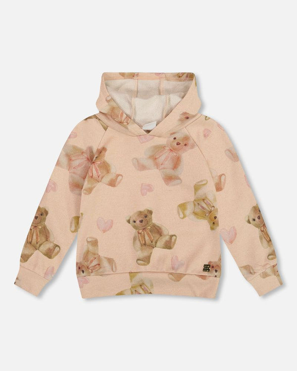 Glittering French Terry Hoodie Beige Teddy Bear Print