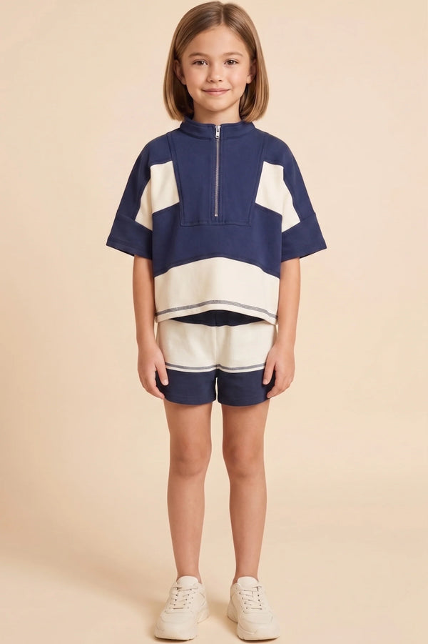 Girls Color block Stripe Half Zip Knit Top/Short SET - Black