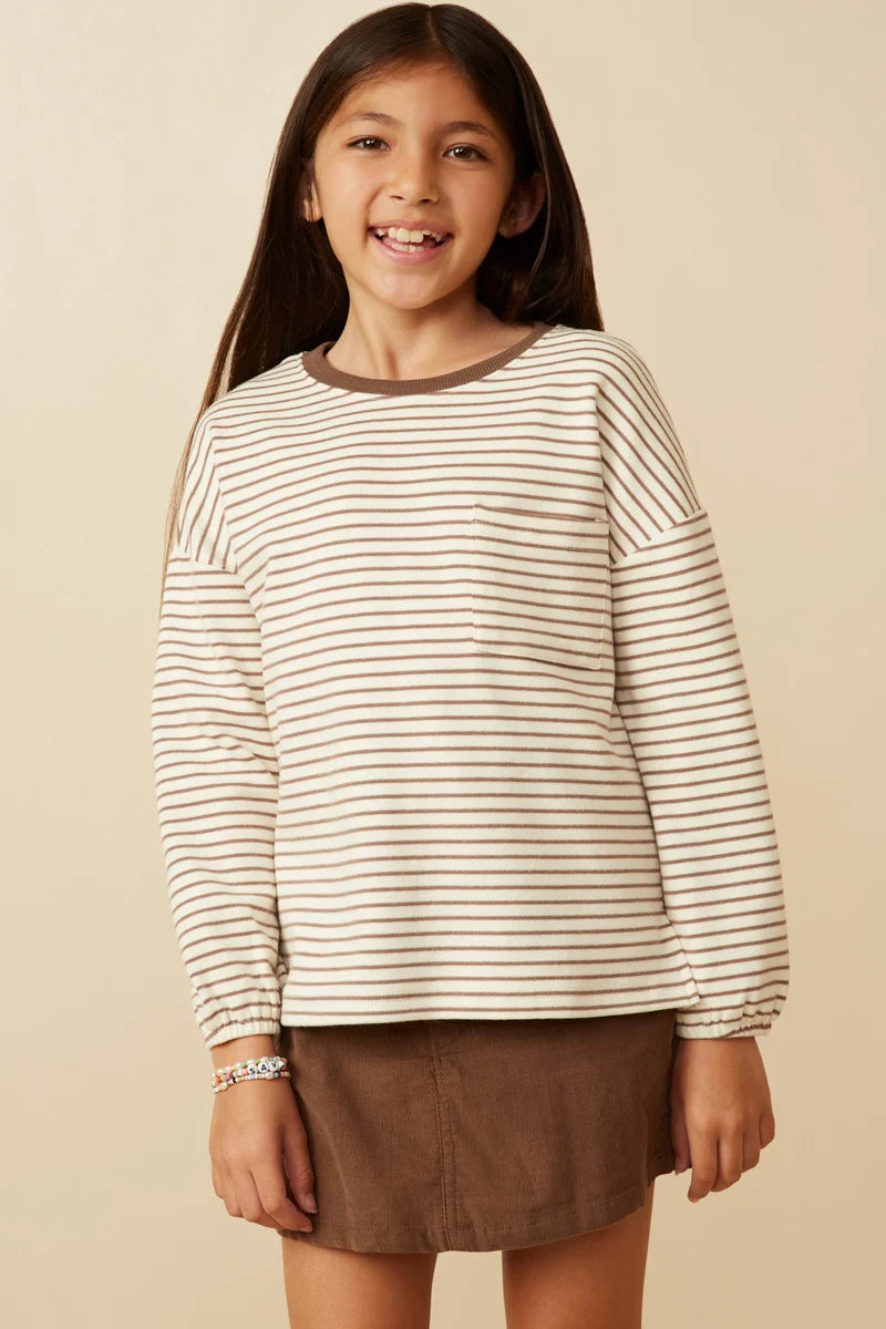 Girls Soft Stripe Knit Contrast Banded Long Sleeve Tee