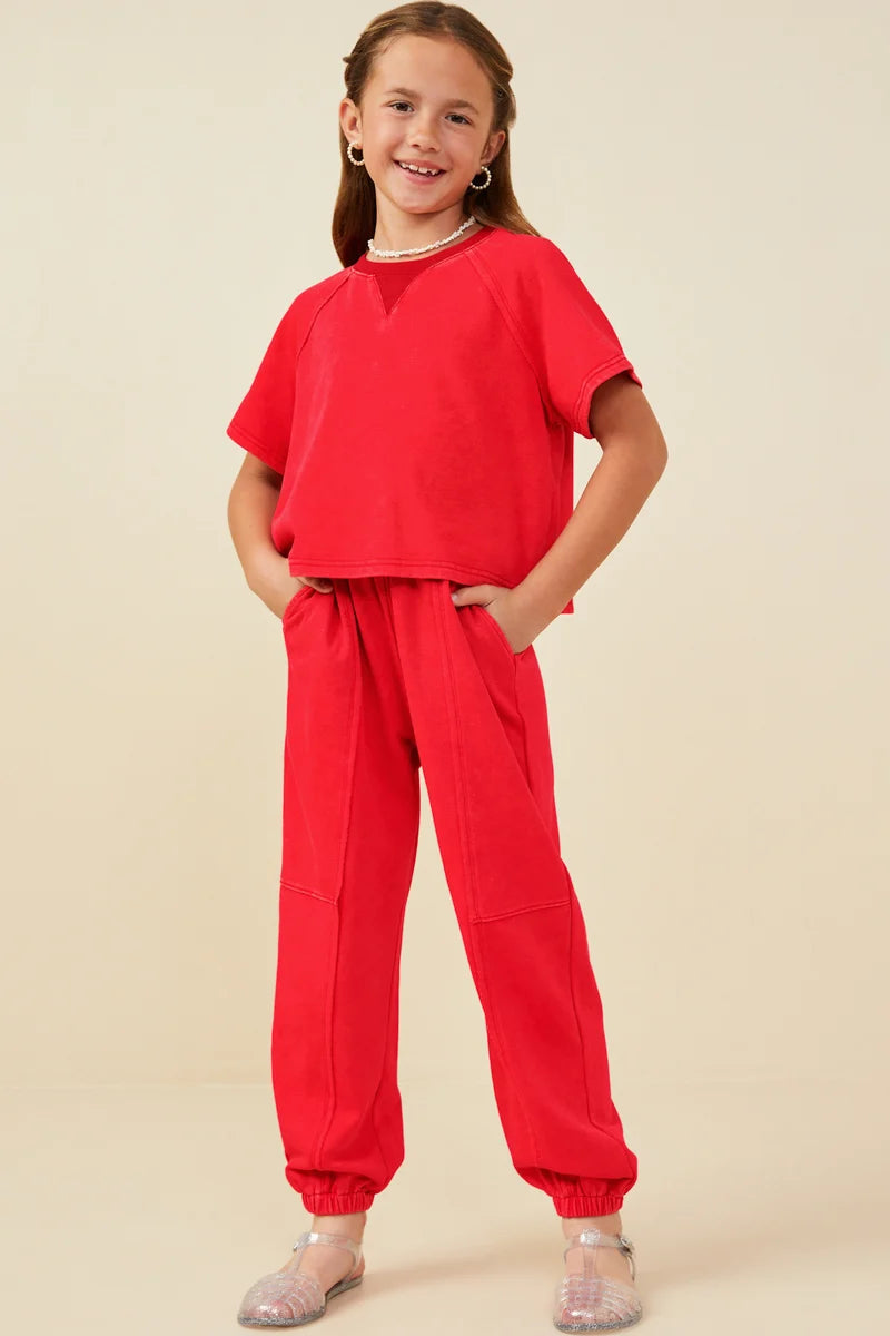 Girls Washed Short Sleeve Knit Jogger Set - Red