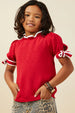 Girls Contrast Piped Tie Sleeve Detail Top - RED