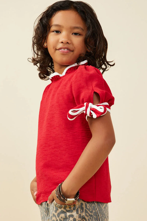 Girls Contrast Piped Tie Sleeve Detail Top - RED