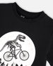Organic Cotton Jersey T-Shirt With Dino On Bike Print Black