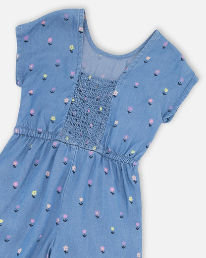 Chambray Jumpsuit Blue Flower Print