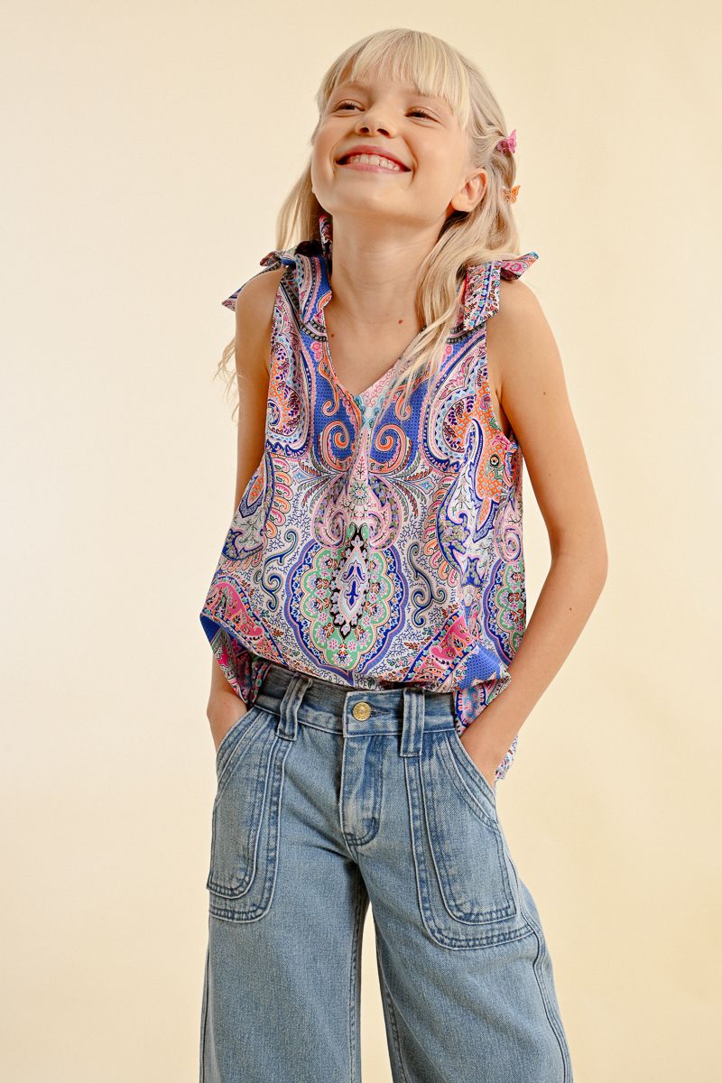 Top with tieable straps, printed