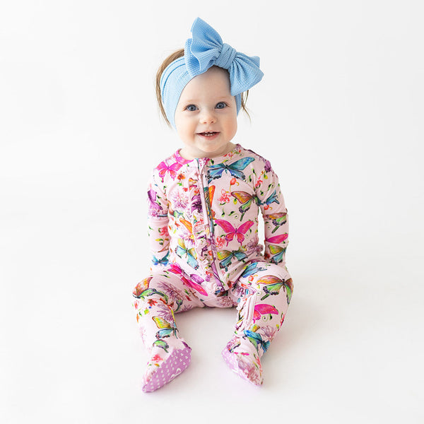 Footie Ruffled Zippered One Piece - Watercolor butterfly