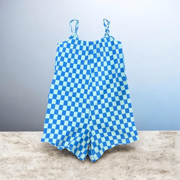 Checkered Pull On Romper Blue