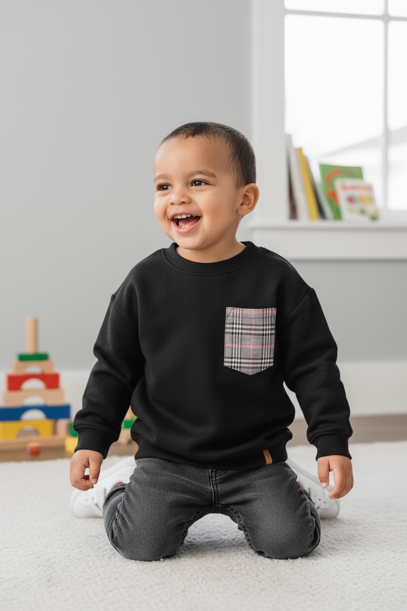 Super Soft Brushed Jersey Long Sleeve Top Black With Plaid Pocket