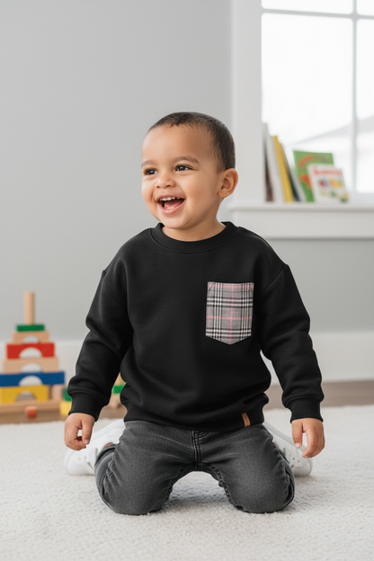 Super Soft Brushed Jersey Long Sleeve Top Black With Plaid Pocket