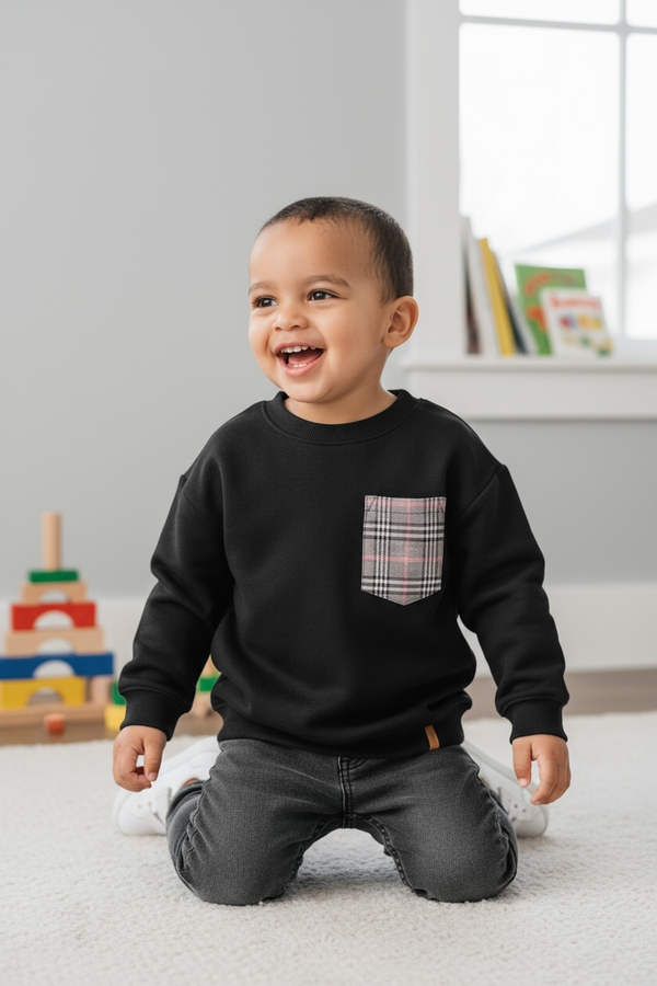 Super Soft Brushed Jersey Long Sleeve Top Black With Plaid Pocket