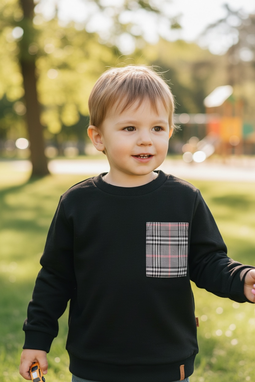 Super Soft Brushed Jersey Long Sleeve Top Black With Plaid Pocket