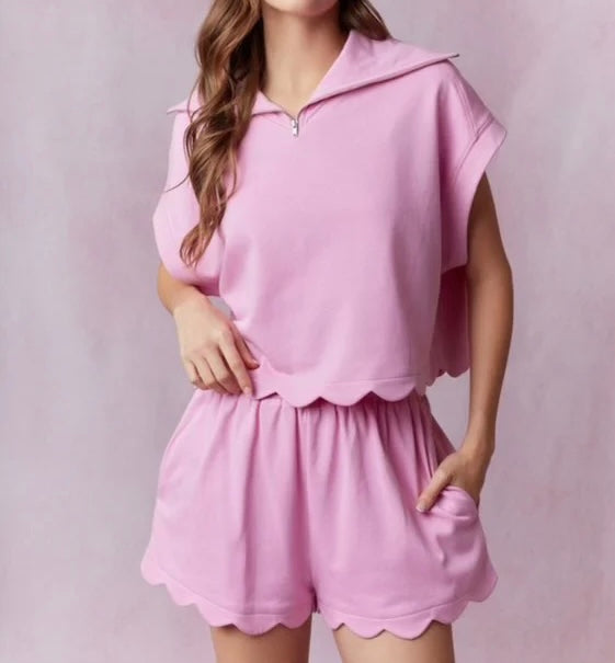 FRENCH TERRY SCALLOP HEM SET - Pink