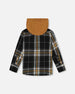 Button Down Flannel Shirt With Hood Plaid Black And Caramel