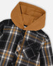 Button Down Flannel Shirt With Hood Plaid Black And Caramel