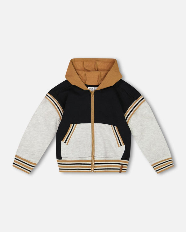 Full Zip Hooded Fleece Black And Beige