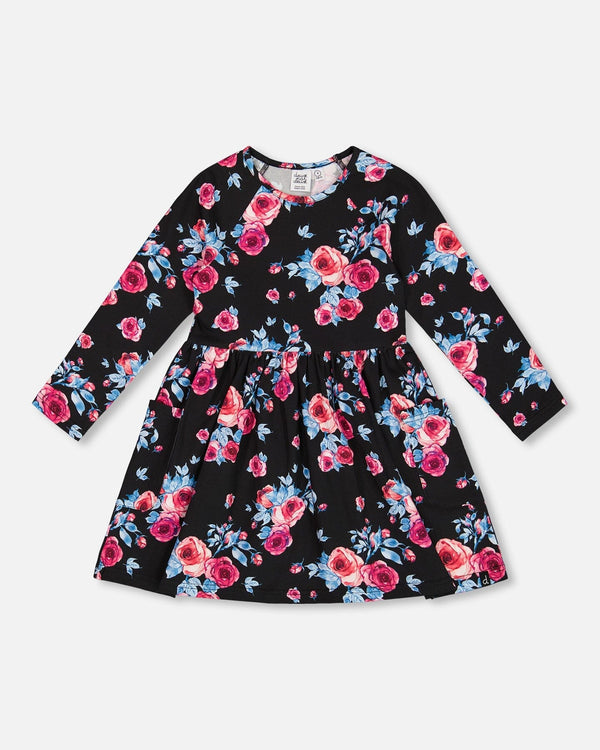 Printed Roses Dress With Pockets Black