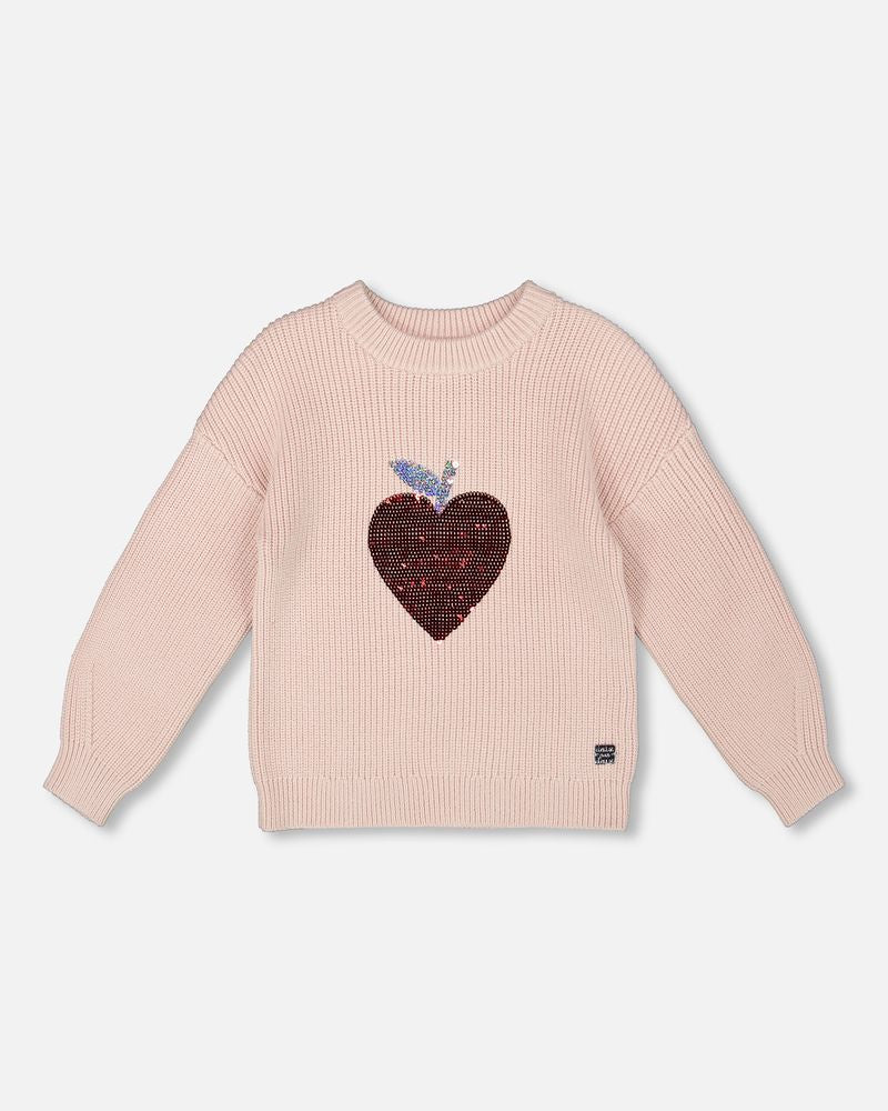 Knit Sweater Pinkish White With Sequin Heart