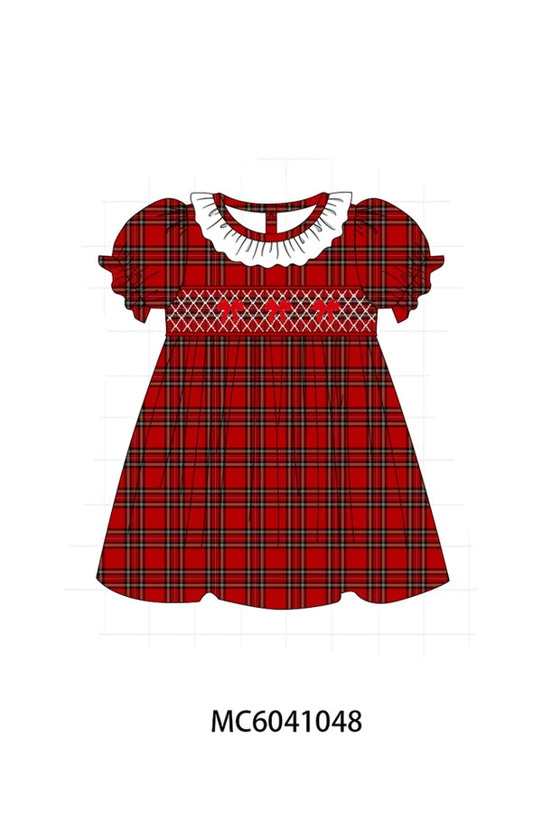 Red Plaid Bow Smocked Ruffe Dress
