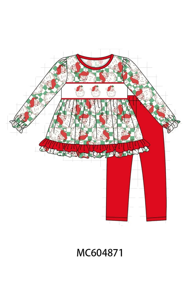 Red Santa Embroidery Ruffle Pants Set