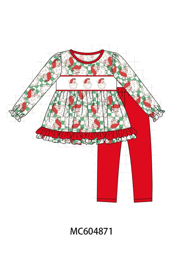 Red Santa Embroidery Ruffle Pants Set