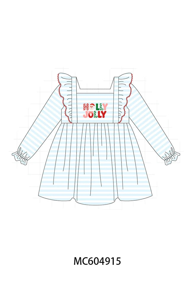 Blue Stripe Holly Jolly Ruffle Dress