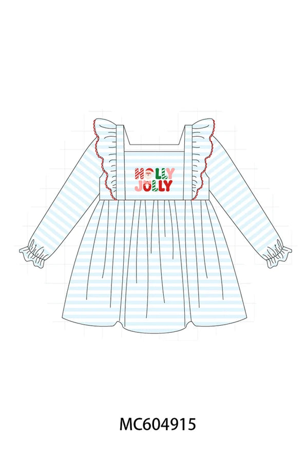 Blue Stripe Holly Jolly Ruffle Dress