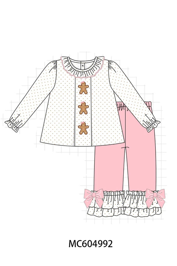 Pink Gingerbread Embroidery Ruffle Pants Set