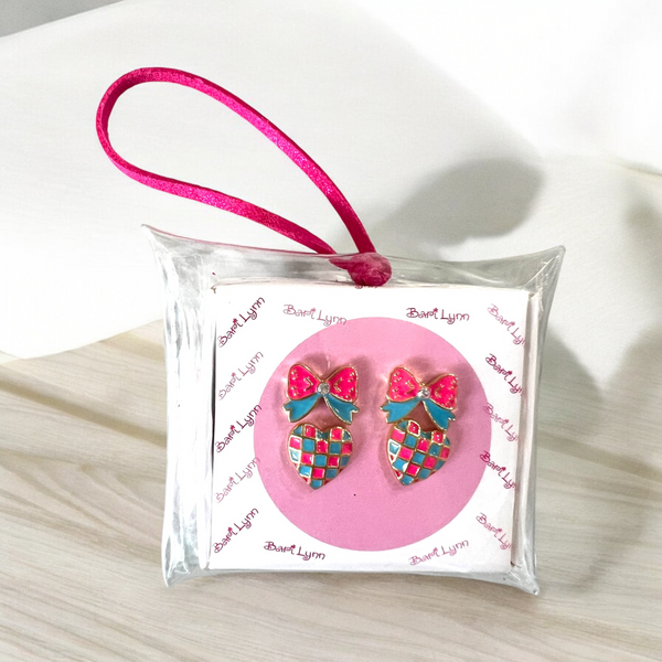 2 EARRINGS BOW & HEART PINK & AQUA