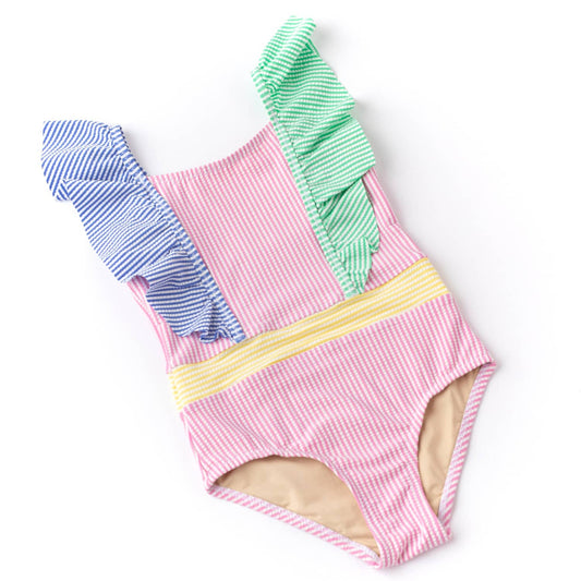 Multi Seersucker Girls Ruffle Shoulder One Piece