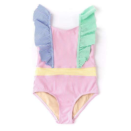 Multi Seersucker Girls Ruffle Shoulder One Piece