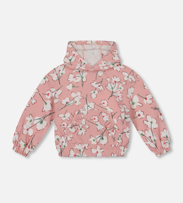 Hooded French Terry Sweatshirt Pink Jasmine Flower Print
