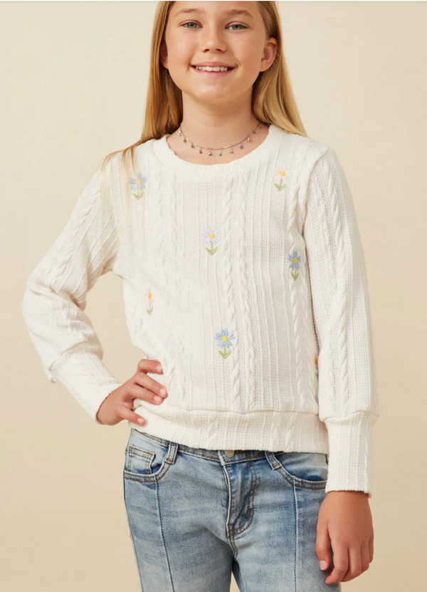 Girls Cable Knit Floral Embroidered Long Sleeve Top