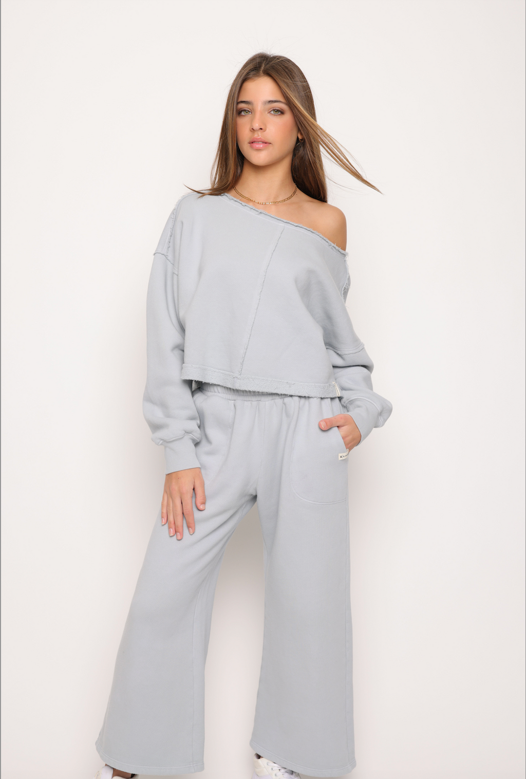 Cotton Fleece wide leg pant - Silver Cloud