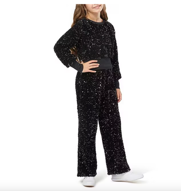 Velour Sequin Pant Set - Black