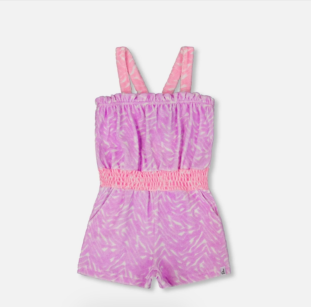 Printed Terry Cloth Romper Vibrant Pink And White