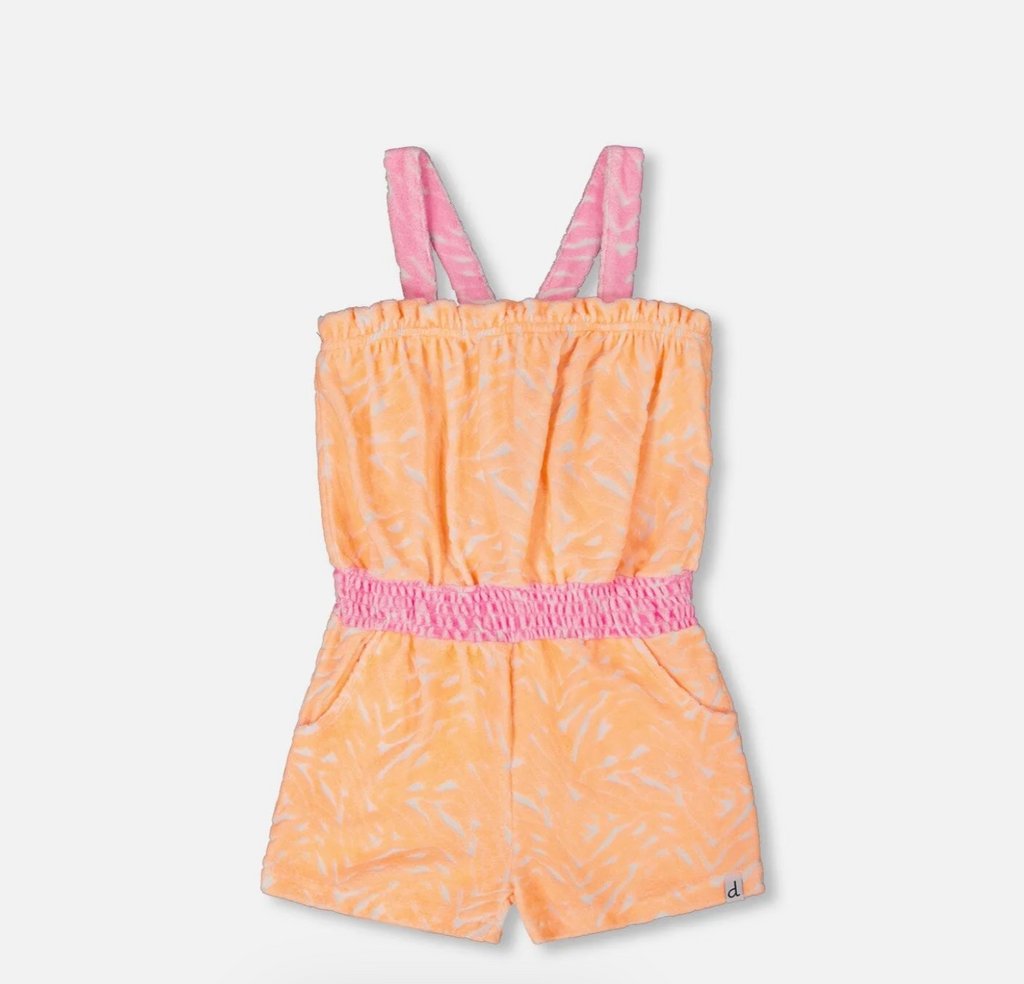 Printed Terry Cloth Romper Vibrant Orange And White