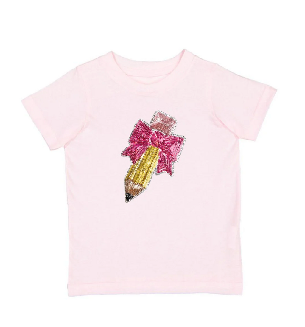 Pencil Bow Sequin Patch Short Sleeve T-Shirt - Ballet