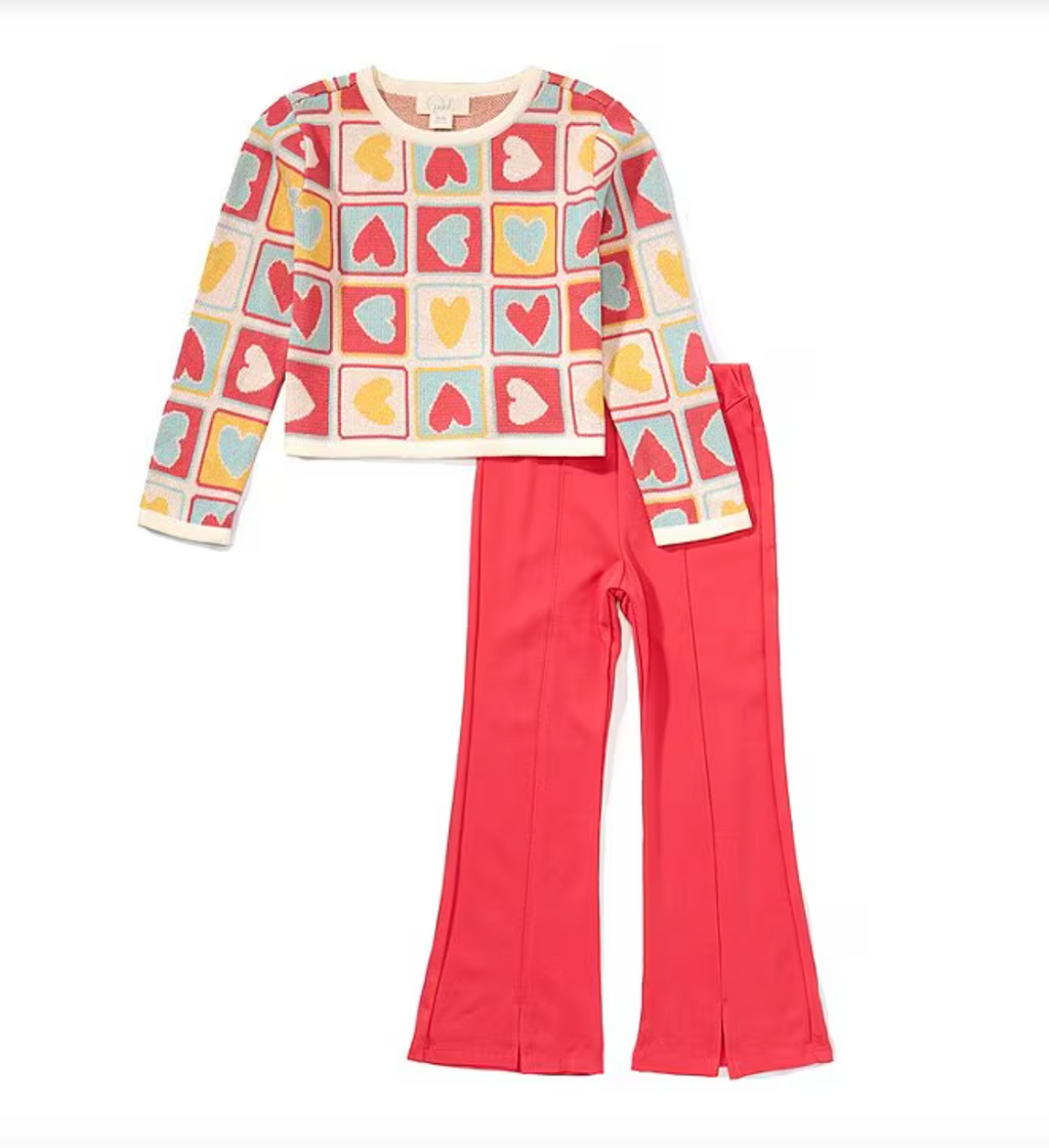 Peek Little/Big Girls Long-Sleeve Patchwork-Printed Sweater & Solid Flare-Leg Pant Set