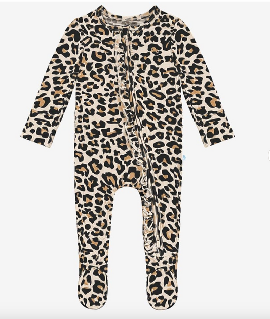 Lana Leopard Footie Ruffled Zippered One Piece