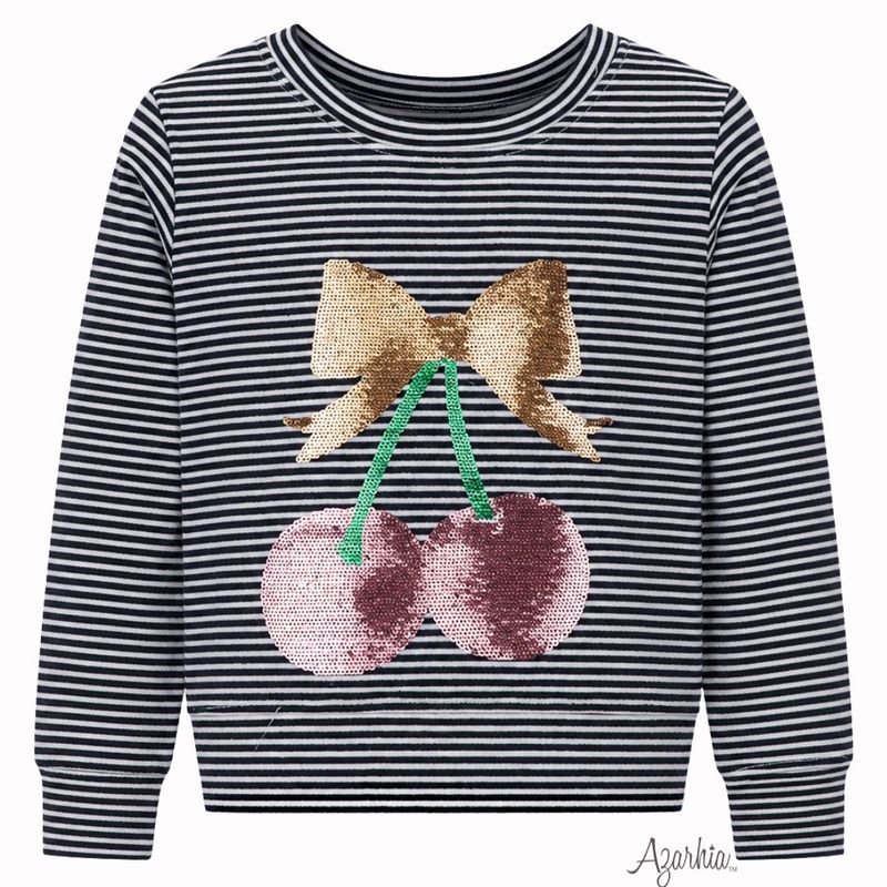 Sequin Cherry Bow Navy Striped Crew